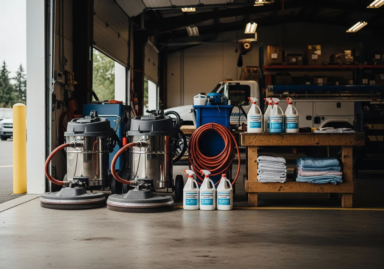 Professional carpet cleaning equipment and supplies ready for service. Team workspace with extraction machines and cleaning tools.