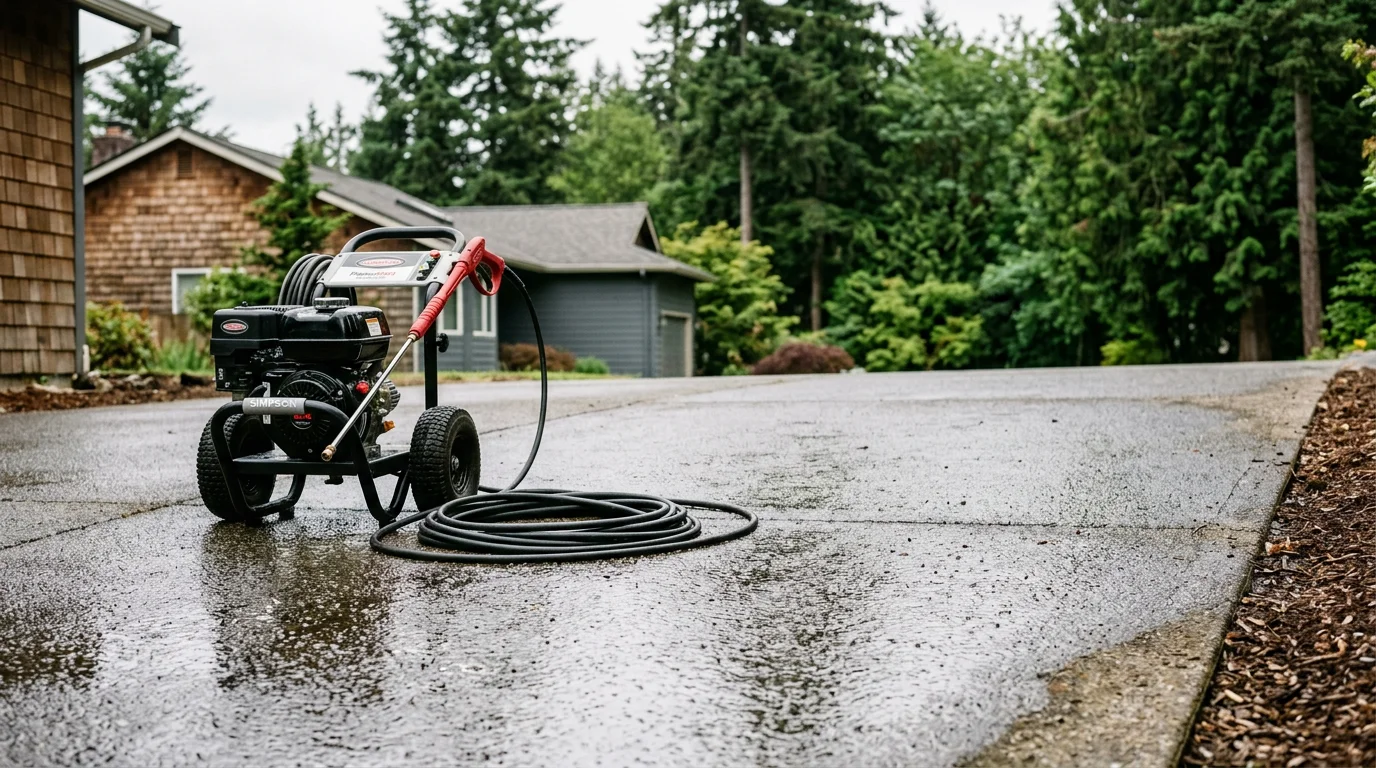 Professional pressure washing cleaning a residential driveway in Washington
