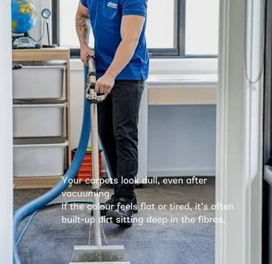 Technician performing carpet cleaning with extraction equipment on residential carpet