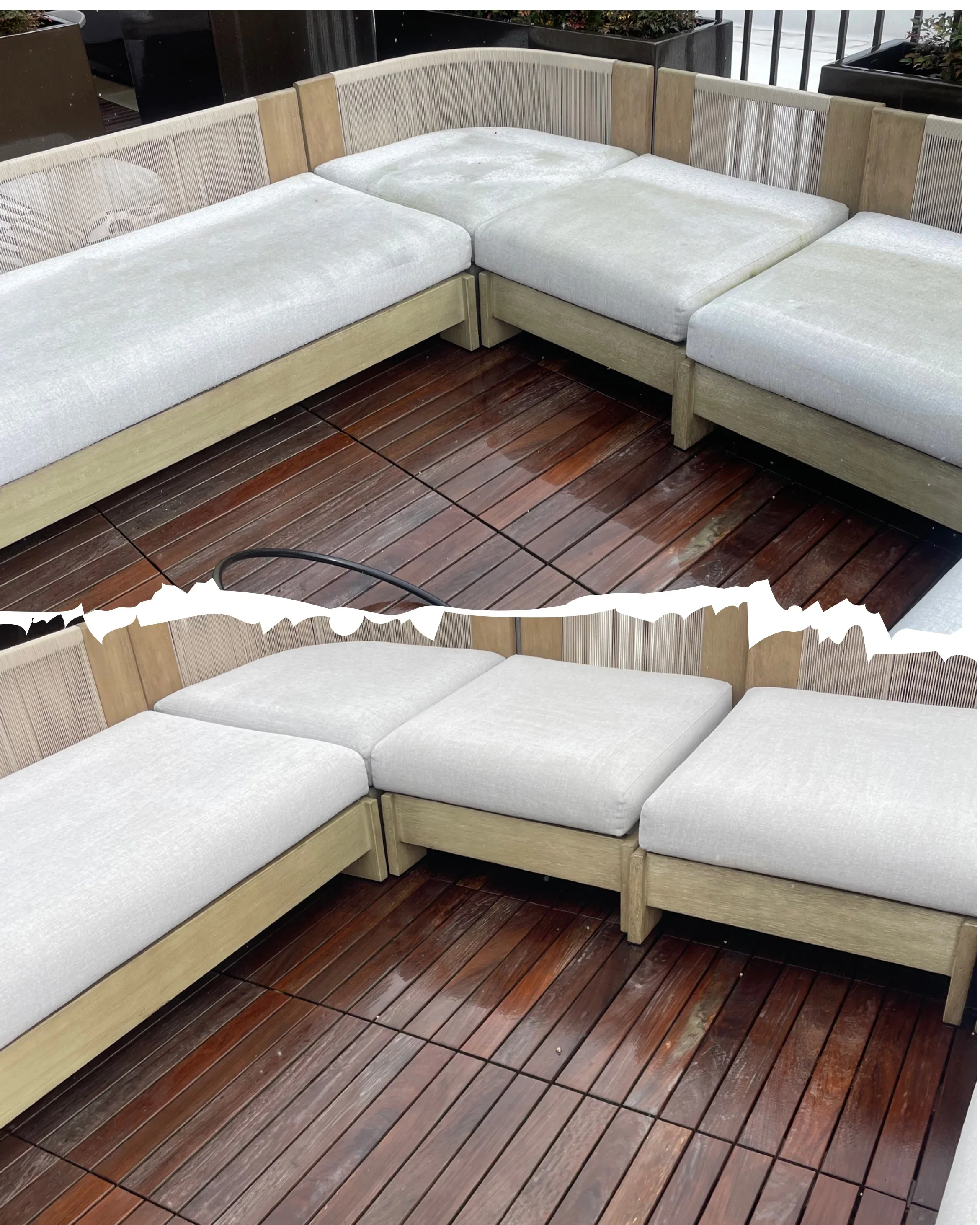 Before and after upholstery cleaning of light gray outdoor sectional sofa with wood frame
