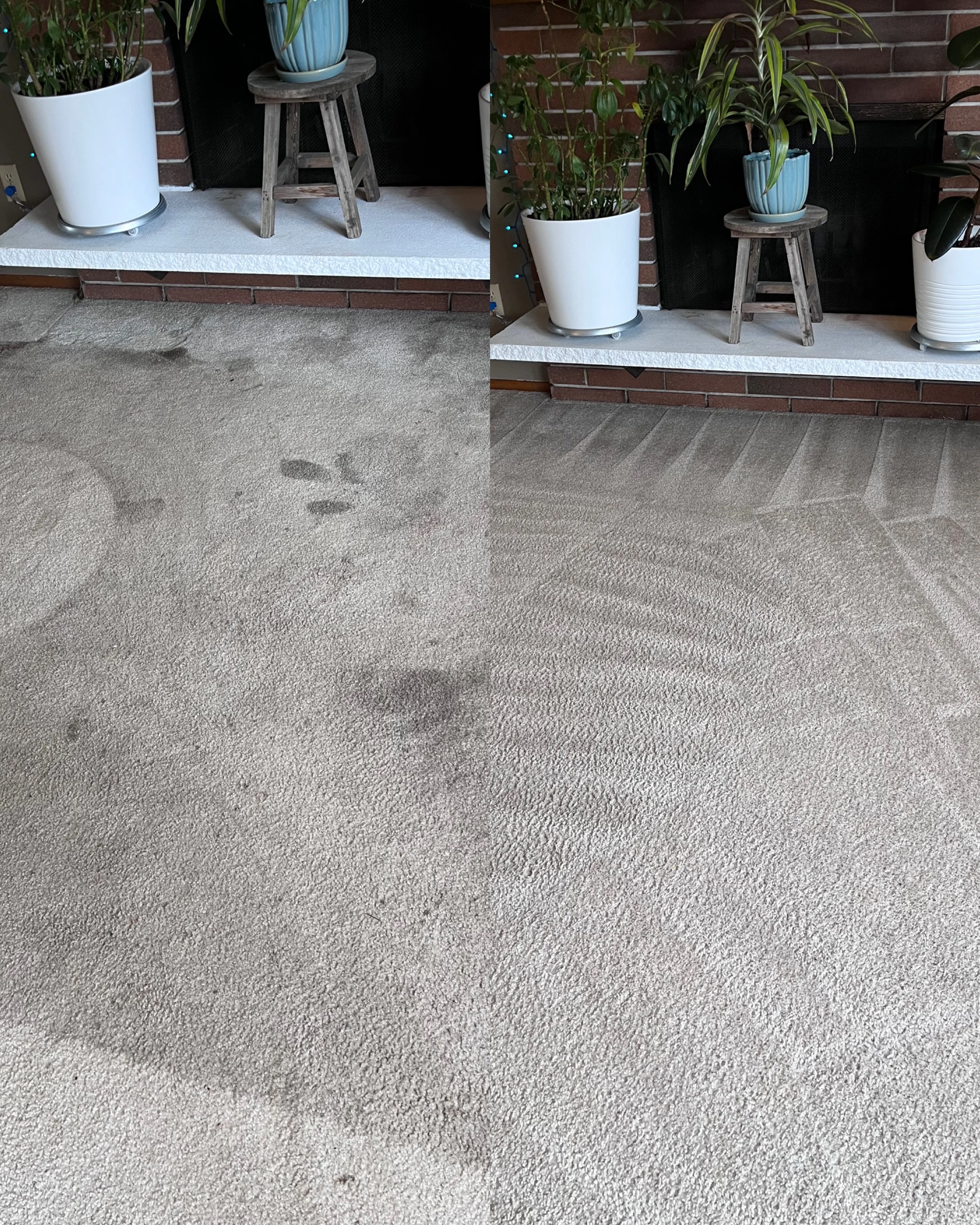 Before and after carpet cleaning of entryway with brick wall and potted plants