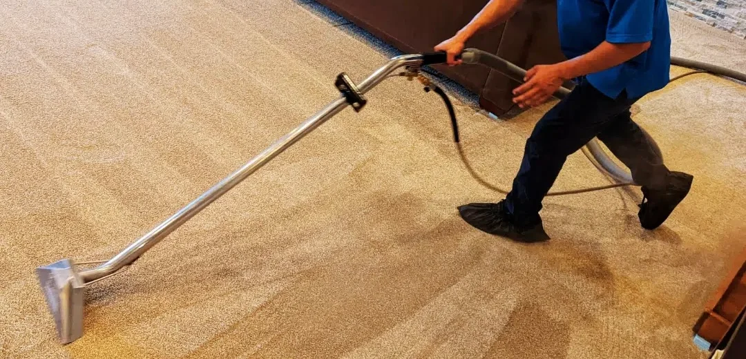 Technician using hot water extraction wand on beige residential carpet