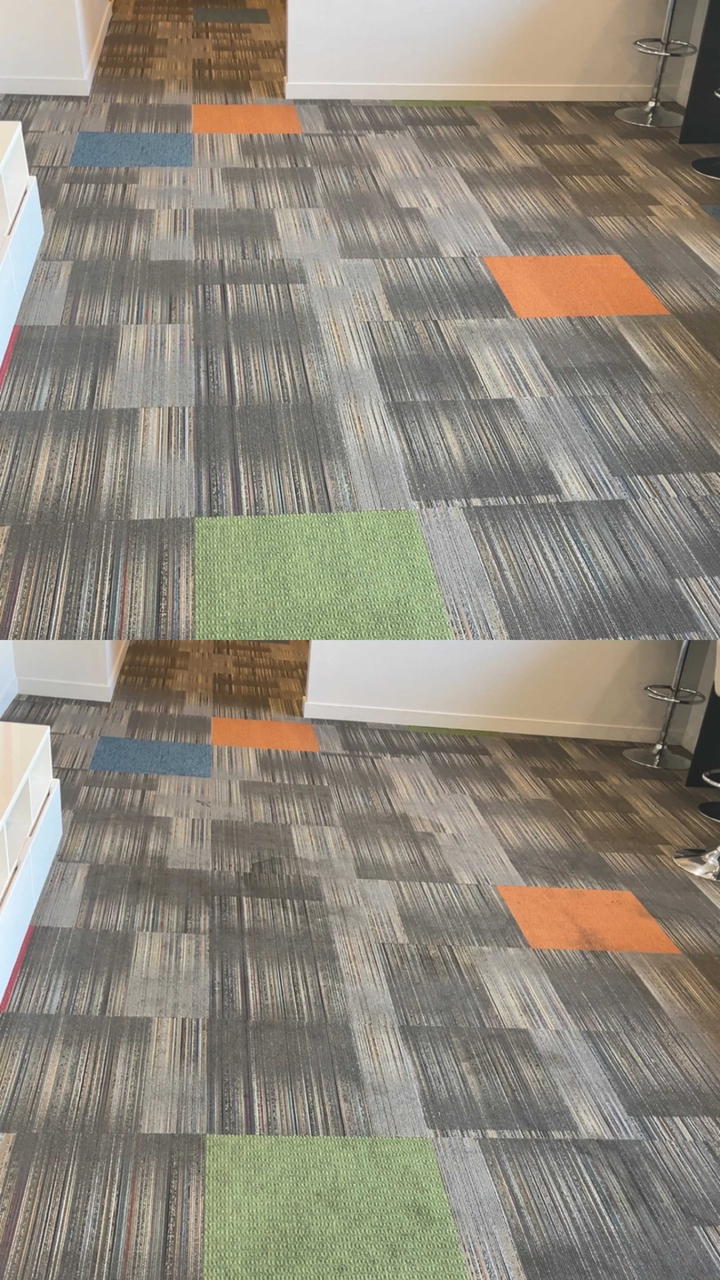 Commercial carpet tiles in gray and neutral tones with colored accent tiles after professional cleaning