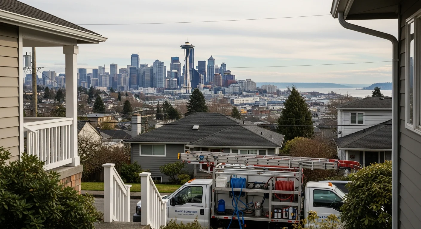 Seattle skyline with Space Needle visible, diverse neighborhood rooftops, and Puget Sound backdrop.