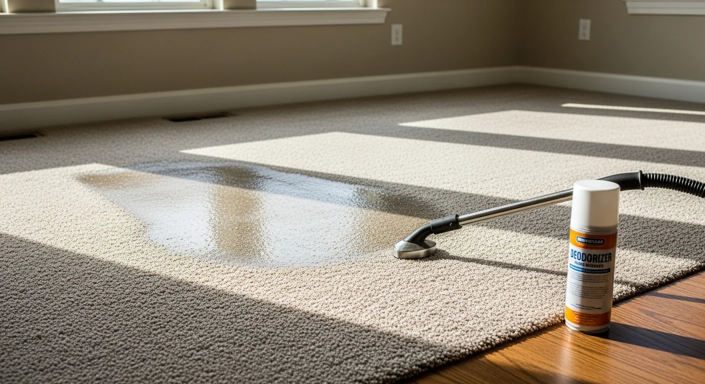 A Clover Carpet Cleaning technician applying professional deodorizing treatment to a residential carpet in a Redmond home. The carpet shows clean, uniform fibers with no visible staining after the odor removal service.