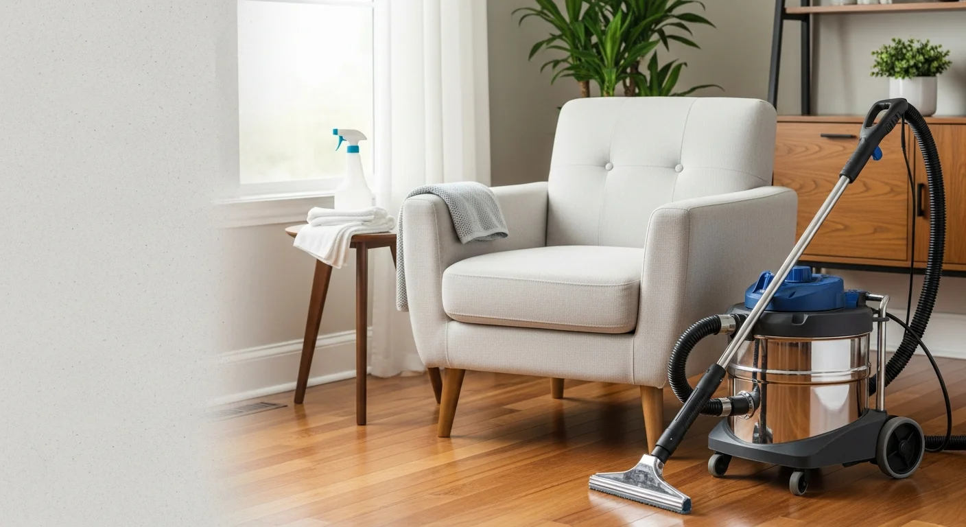 A clean upholstered accent chair in a Redmond home living room, showing bright fabric free of stains and discoloration after professional chair cleaning. A technician's cleaning equipment is visible in the background near the chair.