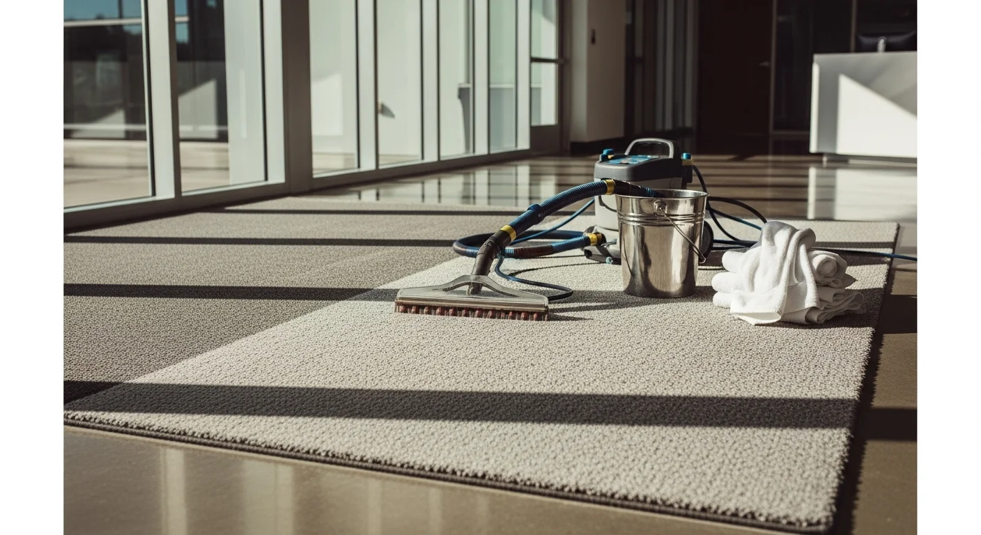 A clean commercial area rug in a Redmond office lobby after professional extraction cleaning by Clover Carpet Cleaning. The rug shows restored color and no visible staining or soil buildup near the entry area.
