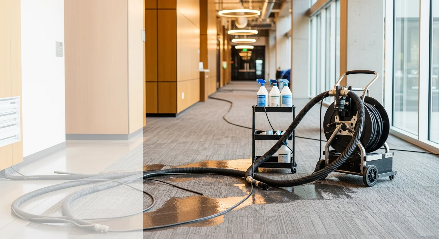 A commercial office hallway in a Redmond building with freshly cleaned carpet showing clear, even color and no visible traffic lane staining. A professional carpet cleaning technician is visible in the background with extraction equipment.