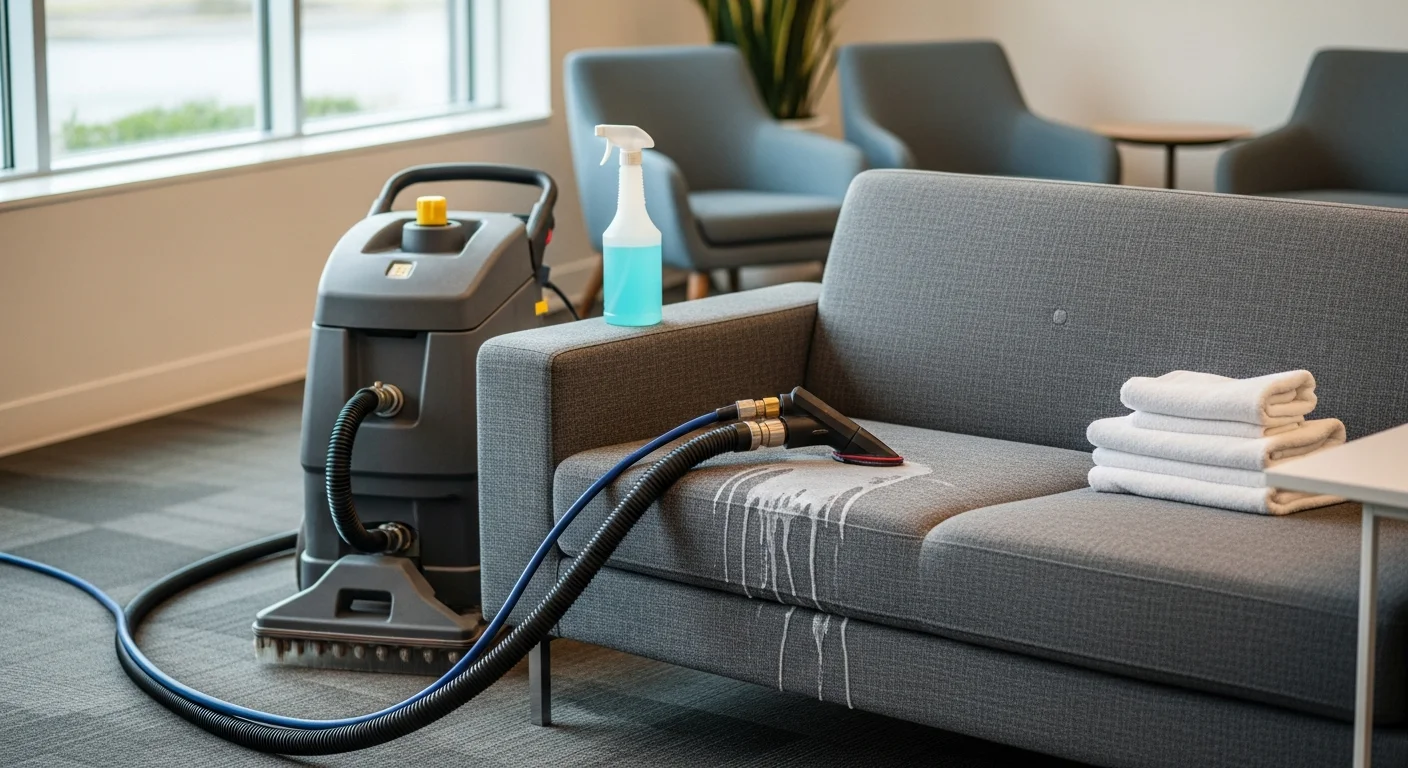 A professional upholstery cleaner extracting soil from a row of office chairs in a Redmond commercial workspace. The chairs show a visible contrast between cleaned and uncleaned sections of the fabric.