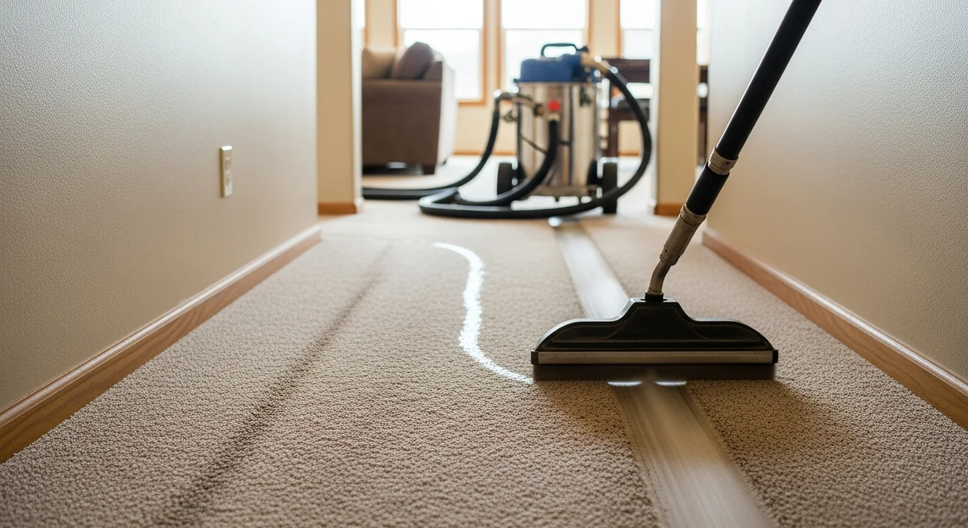 A Clover Carpet Cleaning technician extracting deep dirt from a high-traffic hallway carpet in a Redmond, WA home. The cleaned section shows restored fiber texture compared to the adjacent worn area.