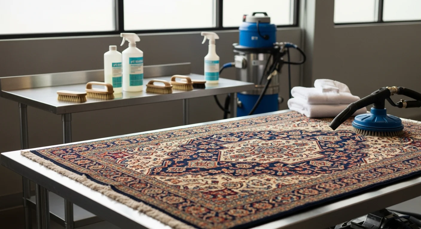 A hand-knotted oriental rug with deep red and navy geometric patterns laid flat on a clean floor in a Redmond home, showing restored color and fiber texture after professional cleaning by Clover Carpet Cleaning.