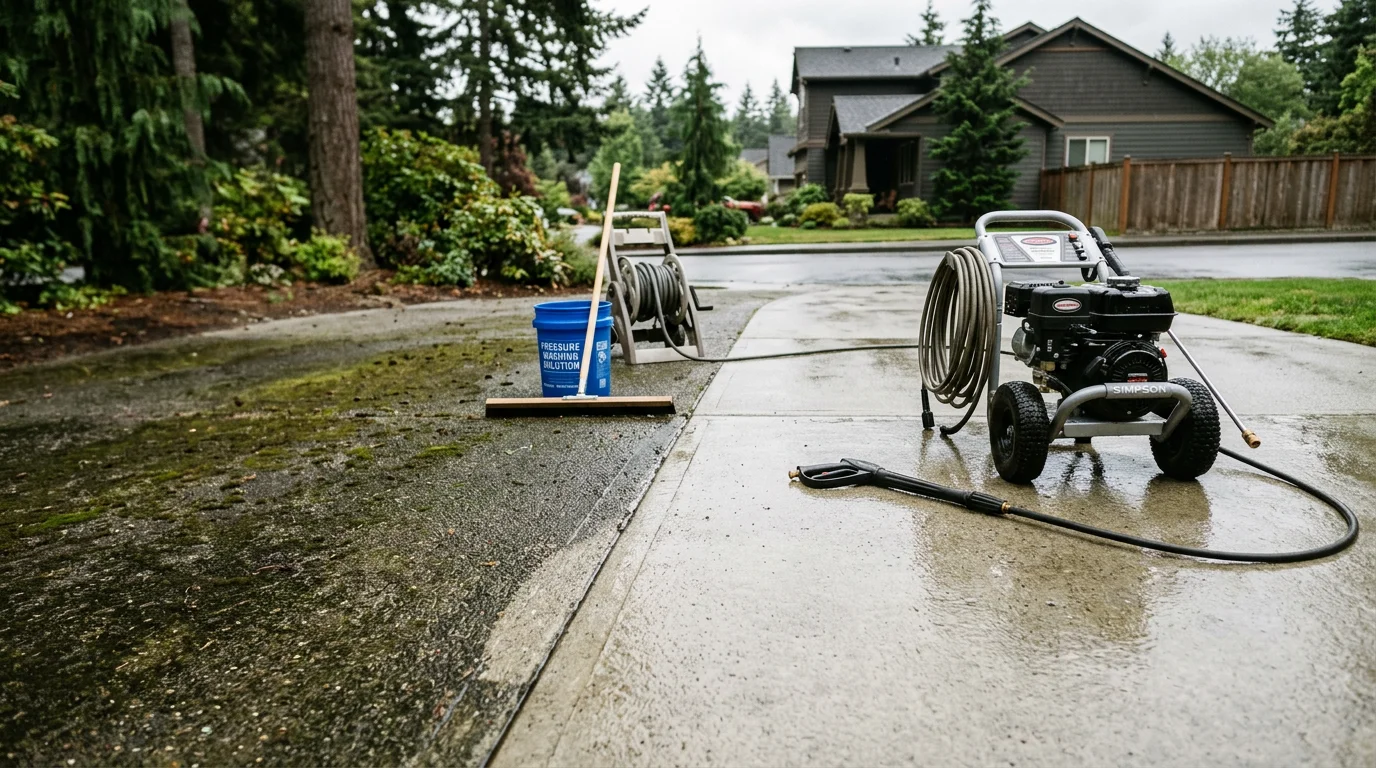 A Redmond home driveway being pressure washed, showing the contrast between moss-stained concrete and the clean surface revealed by the spray. Pacific Northwest evergreen trees are visible in the background.