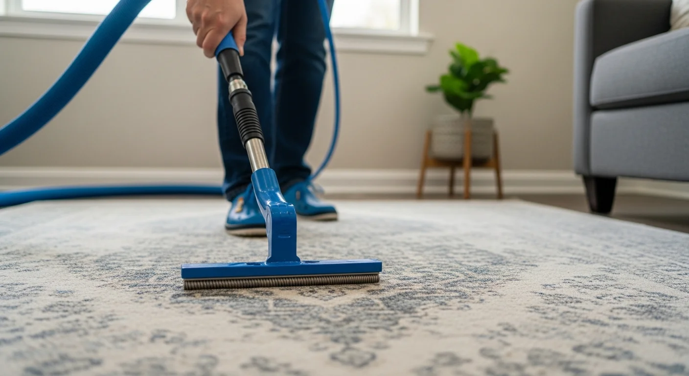 A clean, bright area rug on the hardwood floor of a Redmond home after professional cleaning by Clover Carpet Cleaning. The rug fibers appear lifted and the colors are clear, with no visible staining or matting.