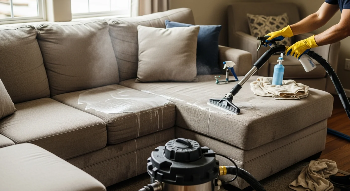 A clean, freshly cleaned fabric sofa in a Redmond home living room, with visibly restored color and no staining. A professional upholstery cleaning technician works on a cushion in the foreground.