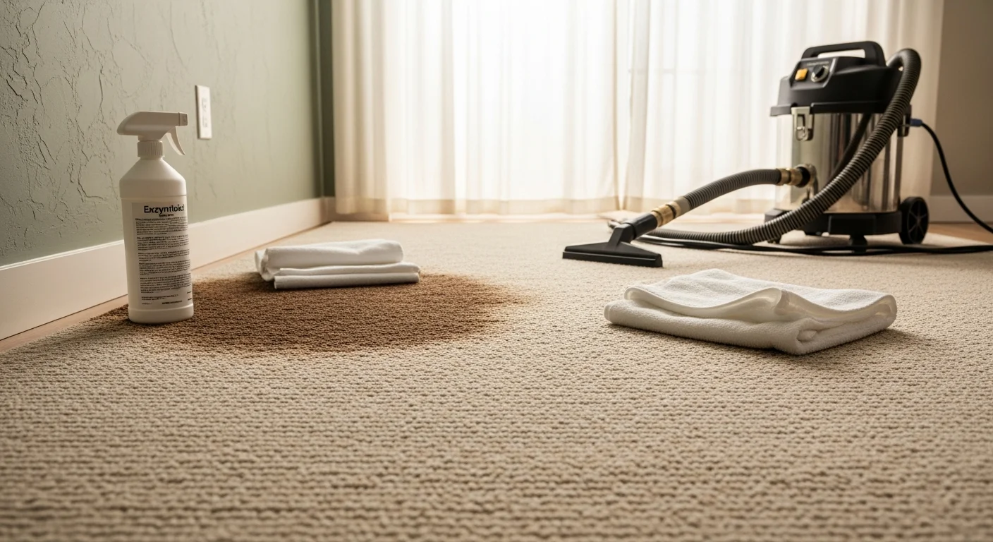 A clean area rug with no visible staining on the floor of a Redmond home living room after professional stain removal service. The rug fibers appear lifted and the color is even across the surface.