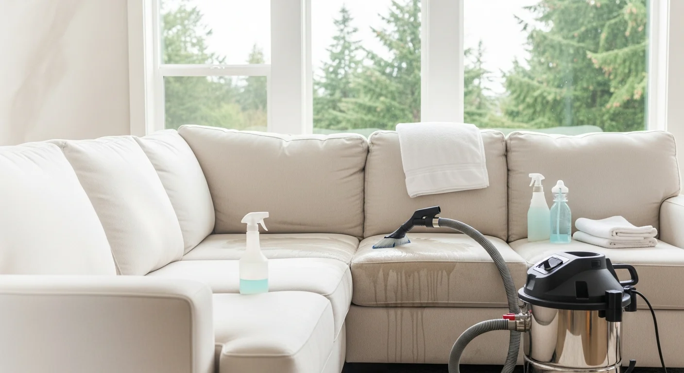 A clean, freshly cleaned fabric sofa in a Redmond home living room, with visibly restored upholstery color and no staining. A Clover Carpet Cleaning technician inspects the cushions after completing the sofa cleaning service.