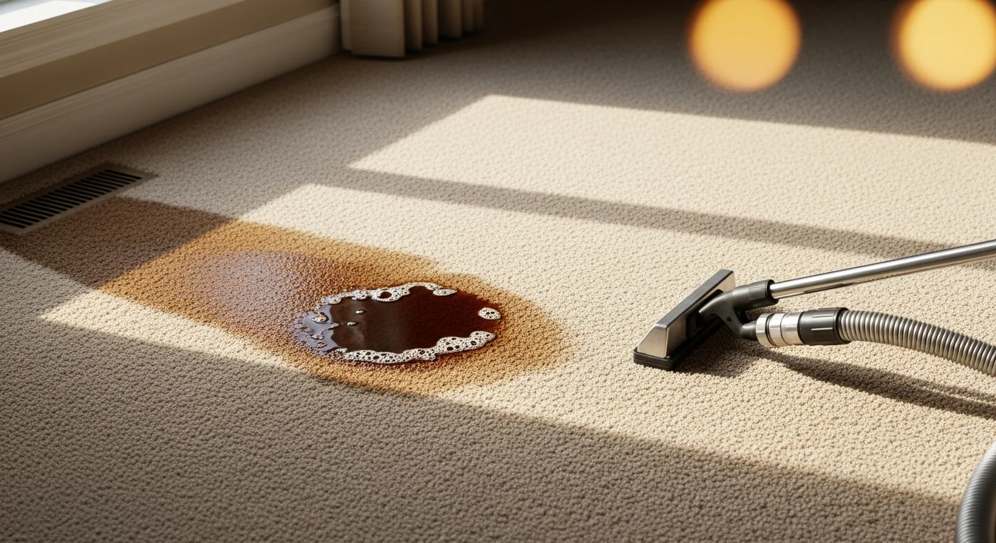 A carpet in a Redmond home showing a clean, restored section next to a visibly stained area mid-treatment. A carpet cleaning technician applies pre-treatment solution to a set-in stain on a light-colored residential carpet.
