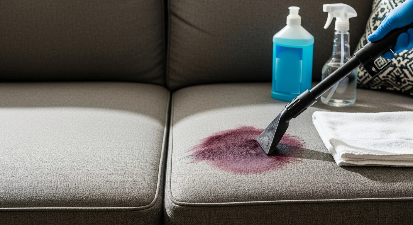 A clean, stain-free sofa cushion after professional upholstery stain removal service in a Redmond home. A technician from Clover Carpet Cleaning treats a fabric chair with a handheld extraction tool.